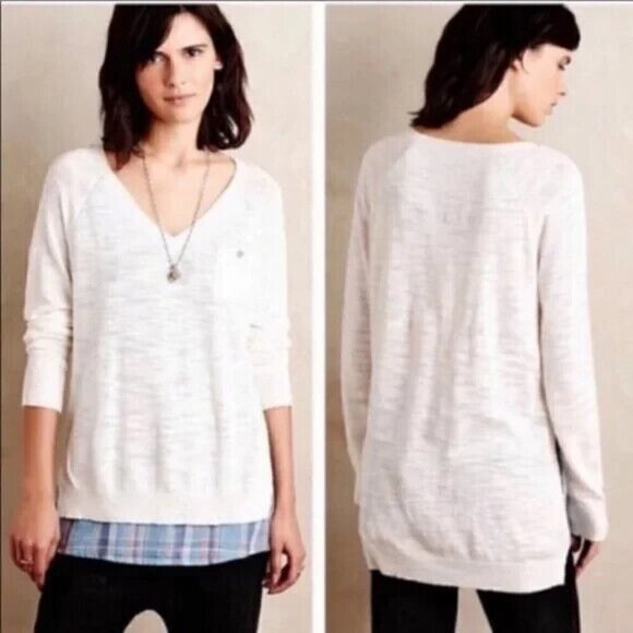 Anthropologie Moth V Neck Plaid Shirt Hem Sweater Layered Linen Blend Small? - Picture 1 of 12